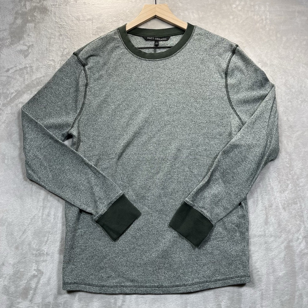 Pact‎ Organic Thermal Waffle Knit Henley Men L Green Long Sleeve Shirt Crew Neck